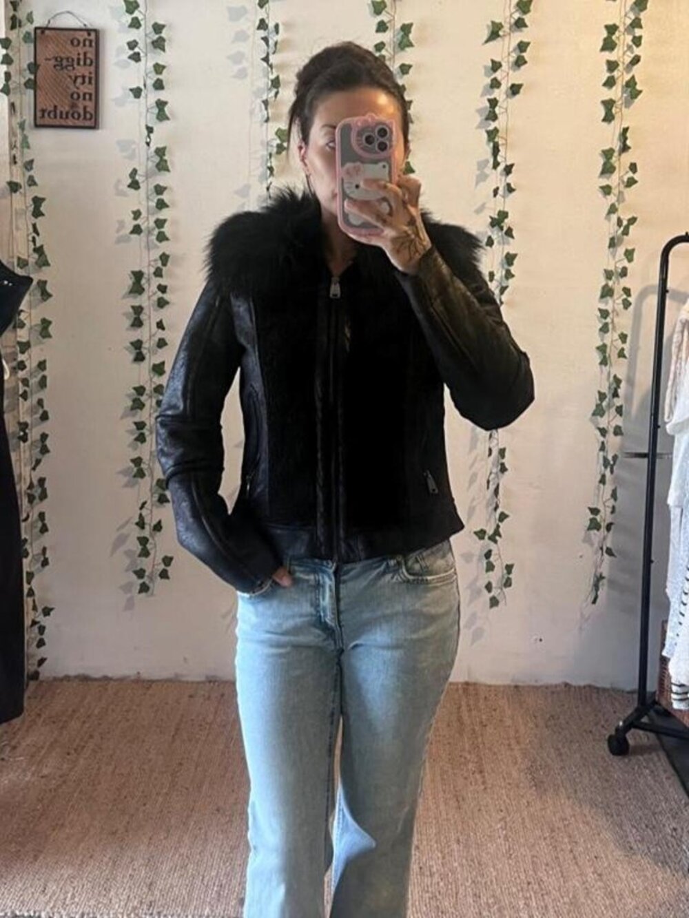Via Spiga black moto faux fur faux leather jacket size small